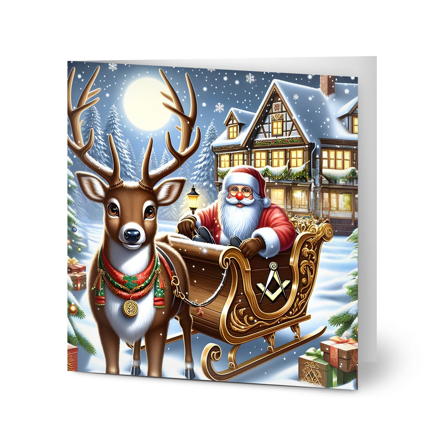 Rudolf and Santa Sleigh Masonic Christmas Cards (pack of 10)